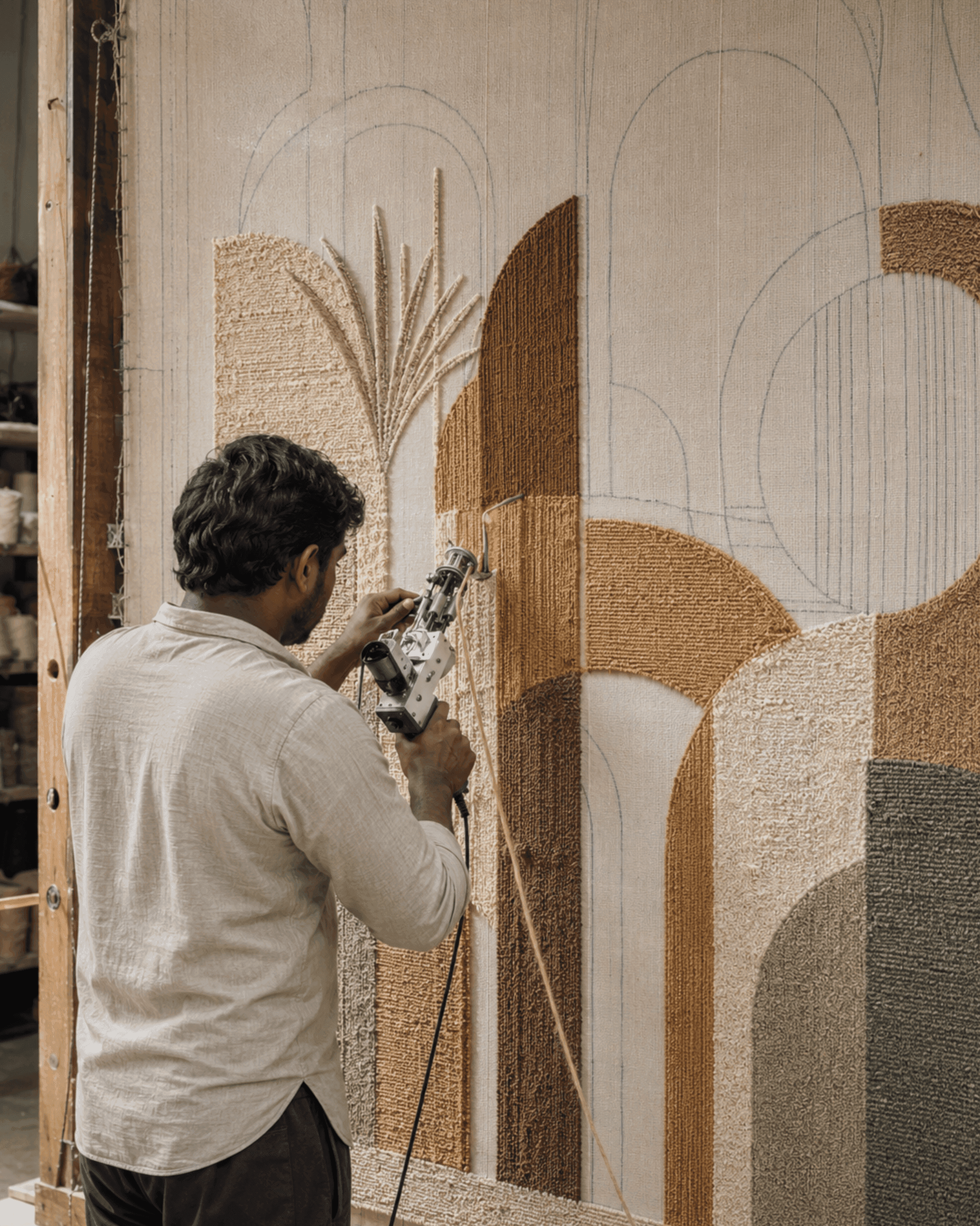 Artisan hand tufting detailed geometric rug patterns
