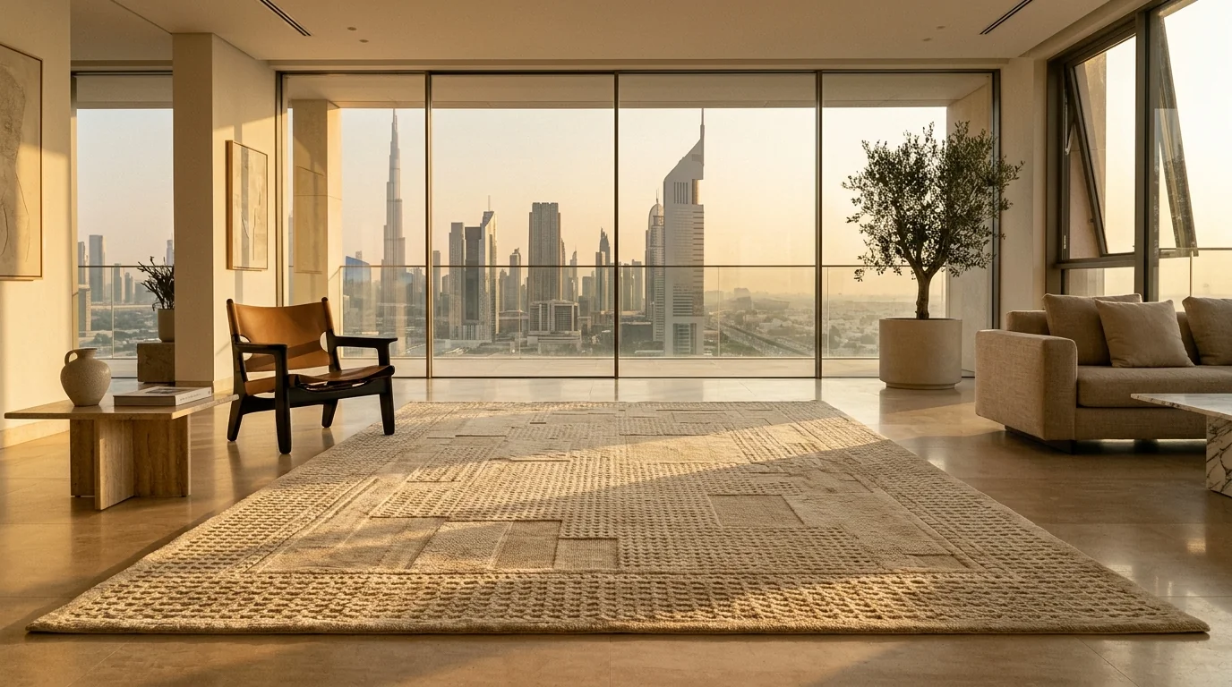 Handcrafted Luxury Rugs Dubai — Architectural Interior with Dubai Skyline